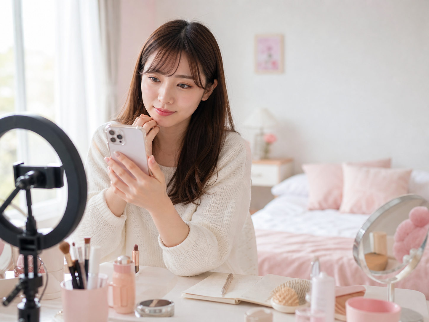 自宅で配信準備をする女性